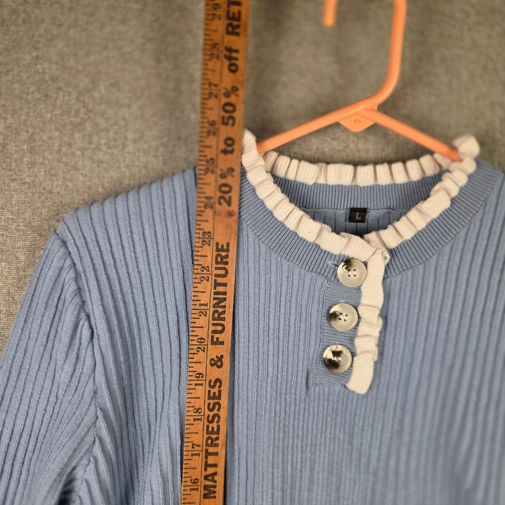 Arach & Cloz Womens Blue Ribbed Ruffle Trim Henley Sweater Top Size L - Picture 2 of 9